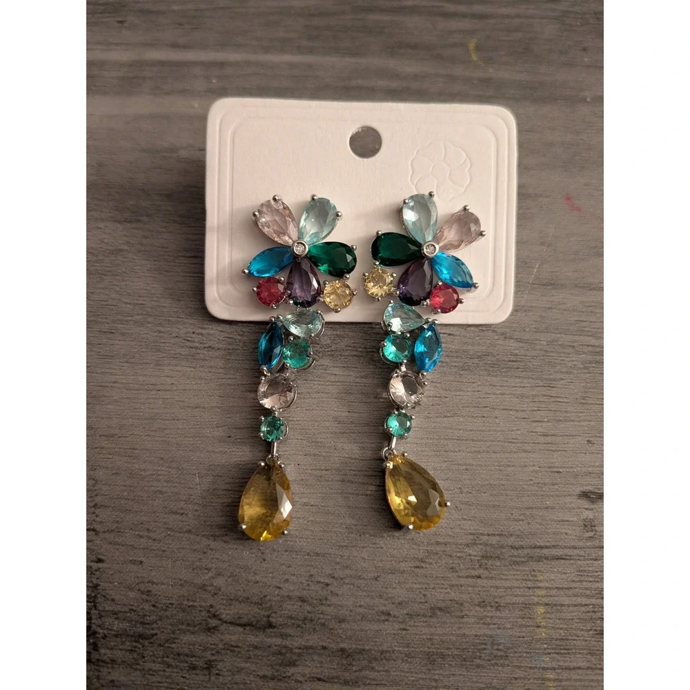 Multicolor Crystal Flower Drop Earrings Silver Tone Teardrop Dangle Statement